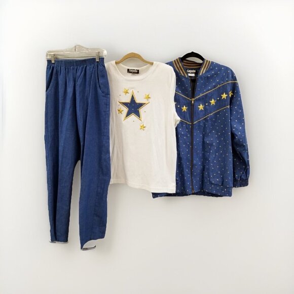 Gepetto Vtg Blue/Gold Stars Pattern Top, Size Lg, Pants & Jacket Women's 3Pc Set - Picture 1 of 9